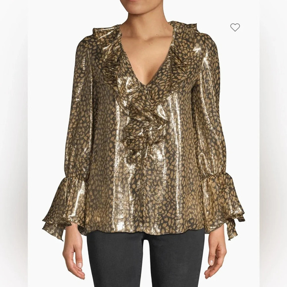 ALICE + OLIVIA Elliot Silk Gold Metallic Animal Print Ruffle Button Down Blouse - Picture 1 of 14